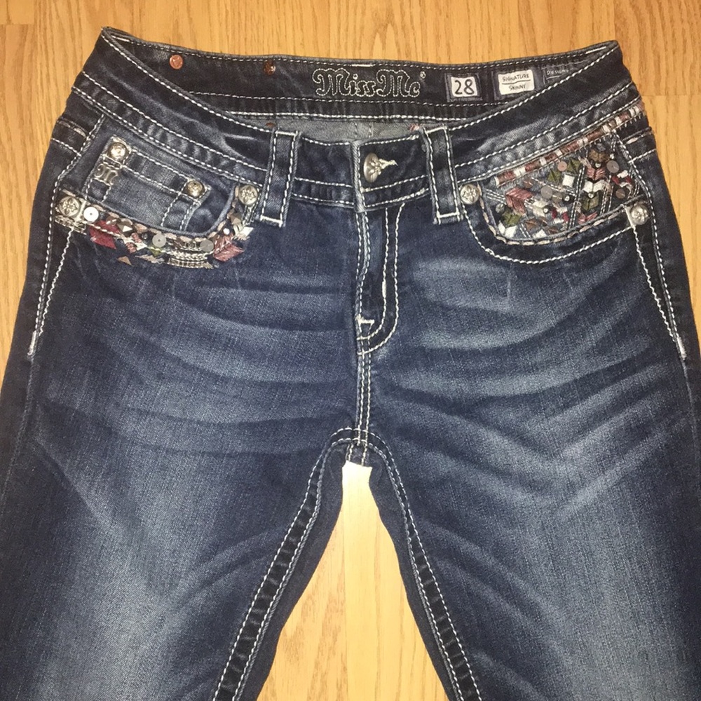 Miss Me Dark Blue Skinny Jeans with Embroidered Pocket Detail
